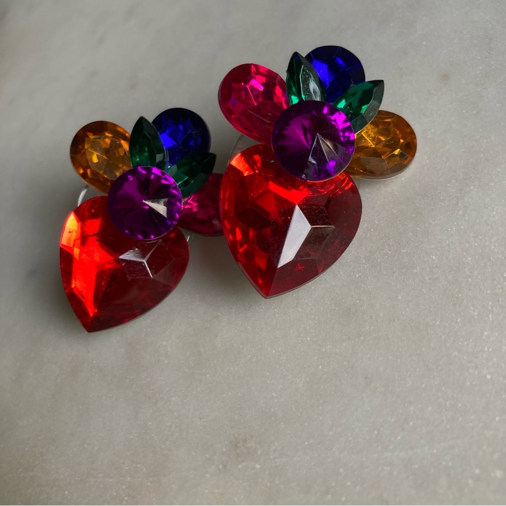 Vintage 80’s Sparkly Jewel Tone Heart Post Earrings